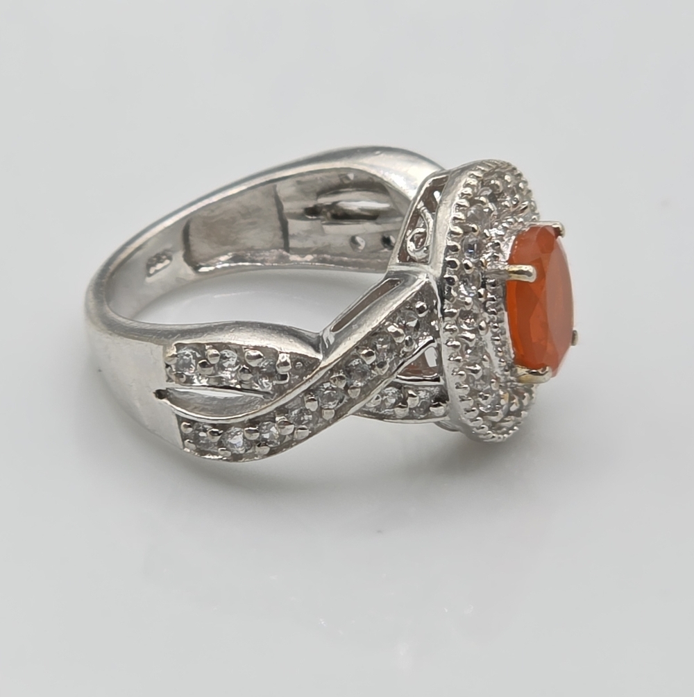 Designer Signed Mexican Fire Opal And White Topaz Halo Ring - Picture 3 of 8
